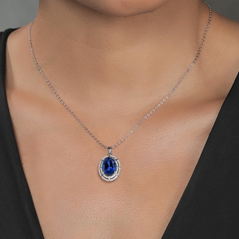 Gem Stone King 5-10 Cttw Two Row Halo Pendant Necklace for Women | 925 Sterling Silver | 14X10MM Oval Gemstone Birthstone | With 18 Inch Silver Chain | Fine Jewelry Gifts for Her Mom Women Wife - Image 4